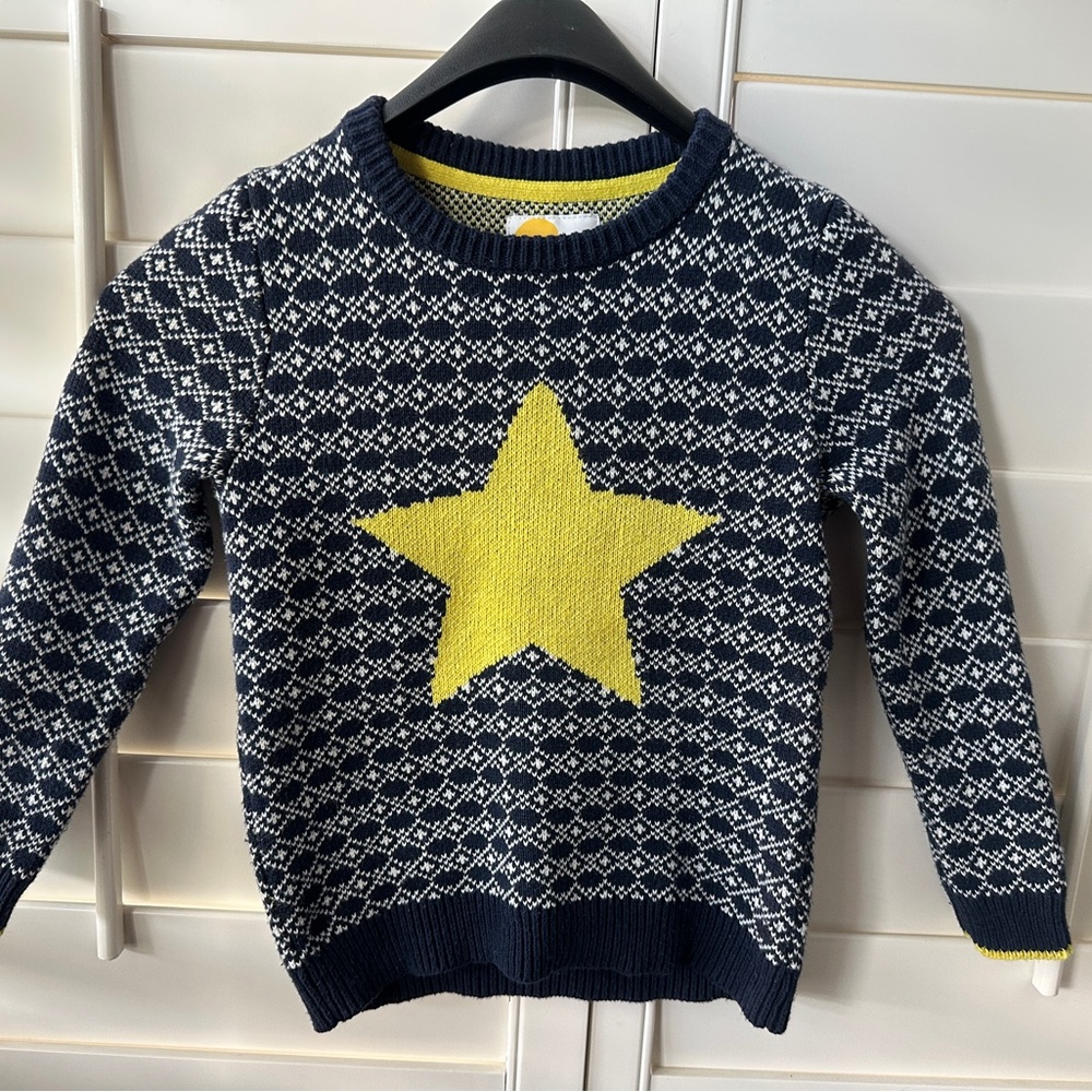 Mini Boden Cotton Boys 7-8 Navy and Yellow Star Knit Sweater